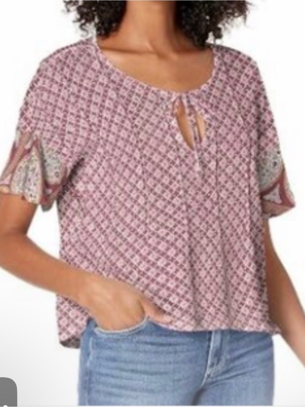 Lucky Brand Pink Patterned Keyhole Short Sleeve Blouse